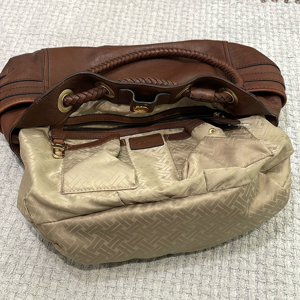 Cole Haan Brown Pebbled Leather Braided Handles Large Shoulder Bag - Picture 13 of 16